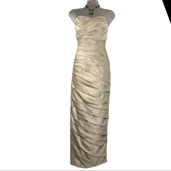 Andrew Adela Beige Sheath Ruffle Strapless Gown - Picture 16 of 16
